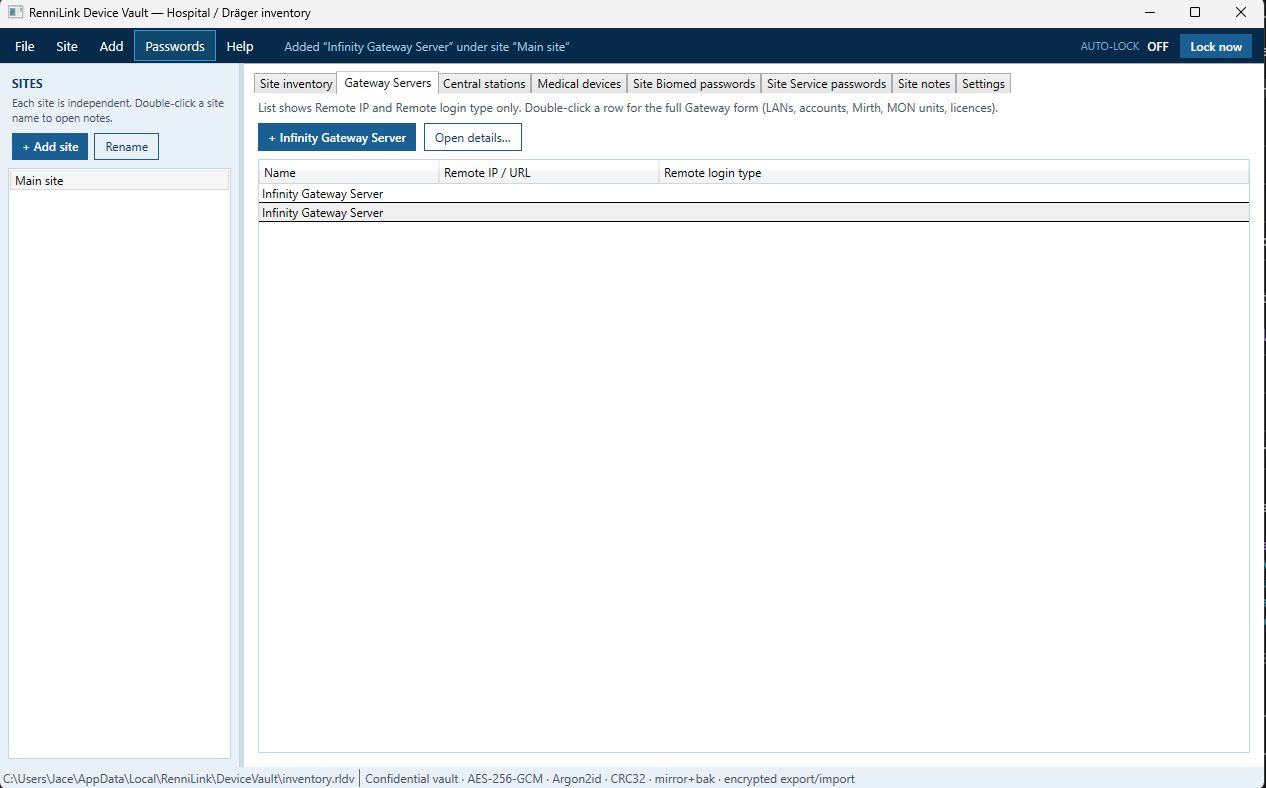 RenniLink Device Vault main window