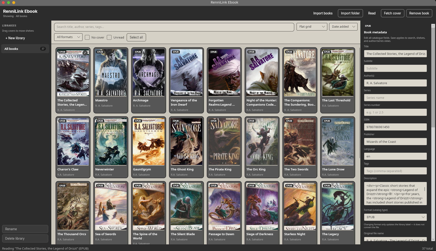 RenniLink Ebook library — cover grid and shelves